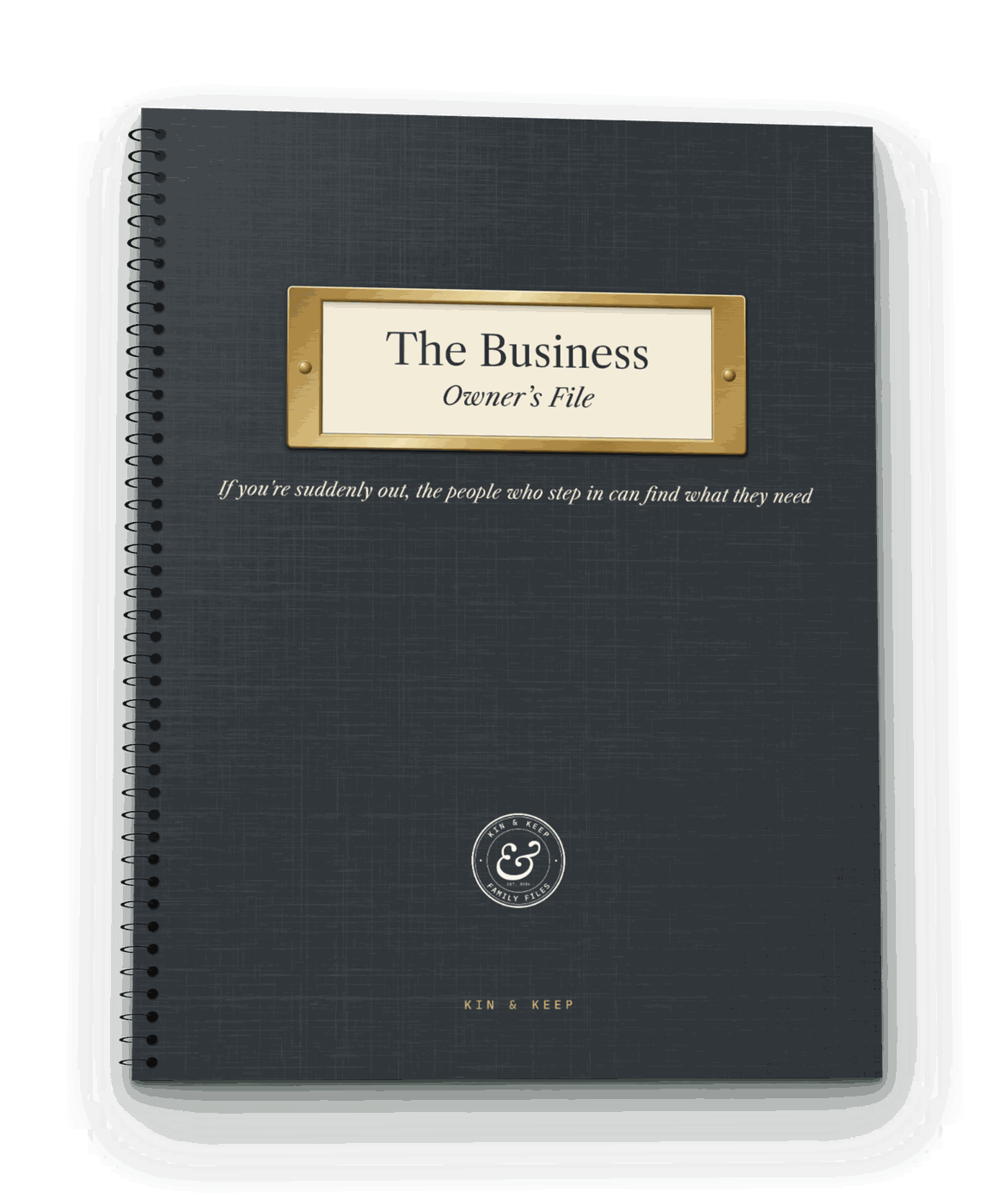 The Business Owner's File, a charcoal coil-bound book with a printed label-holder design