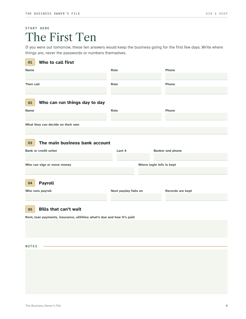 Page 4, The First Ten: who to call first, who can run things day to day, the main bank account by last 4 digits, payroll, and bills that can't wait.
