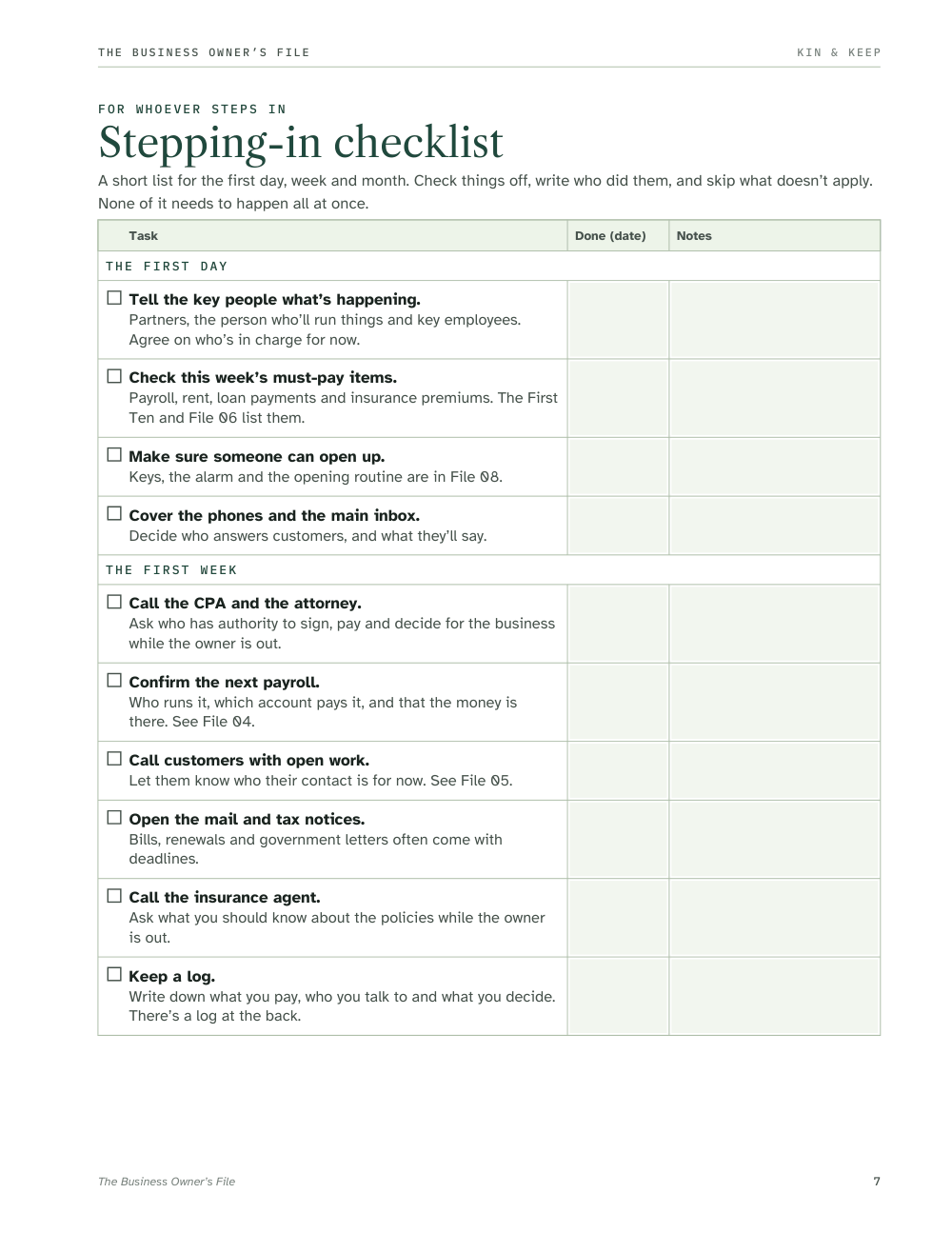 Page 7, the stepping-in checklist: tasks for the first day and the first week, each with a column for the date done and notes.