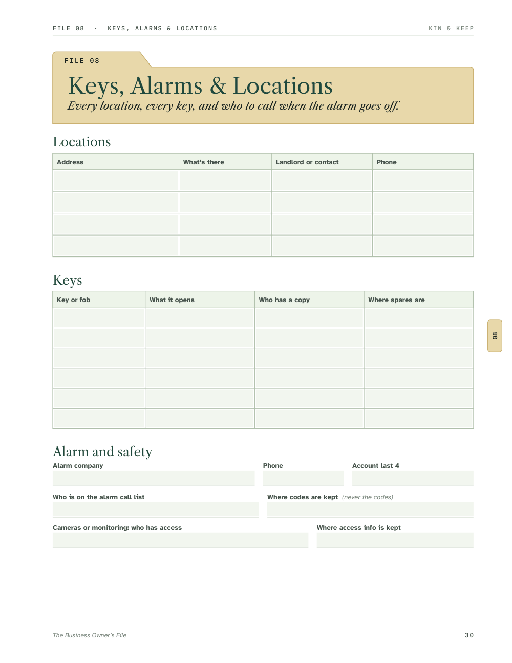 Page 30, File 08, Keys, Alarms and Locations: tables for locations and keys, and alarm fields that ask where codes are kept, never the codes.