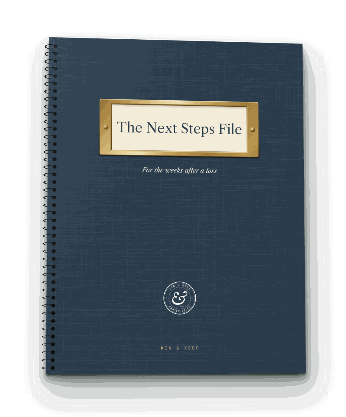 The Next Steps File, a slate-blue coil-bound book